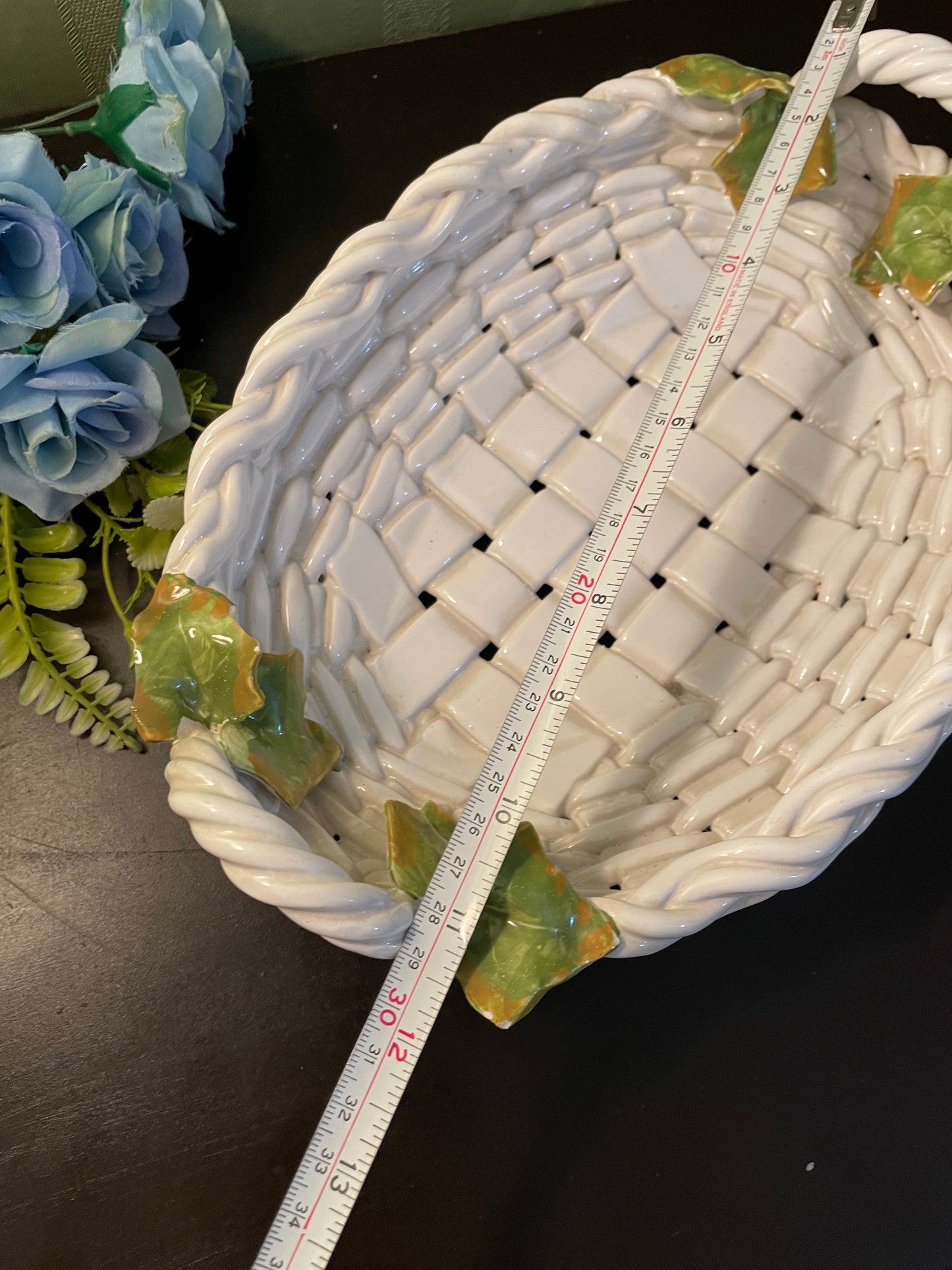 Large White Ceramic Basket Weave Serving Tray With Ivy Leaves