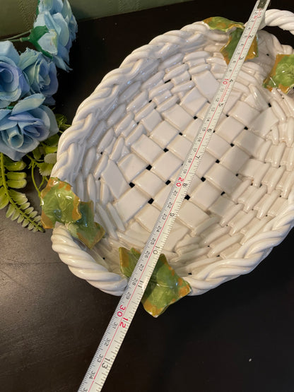Large White Ceramic Basket Weave Serving Tray With Ivy Leaves