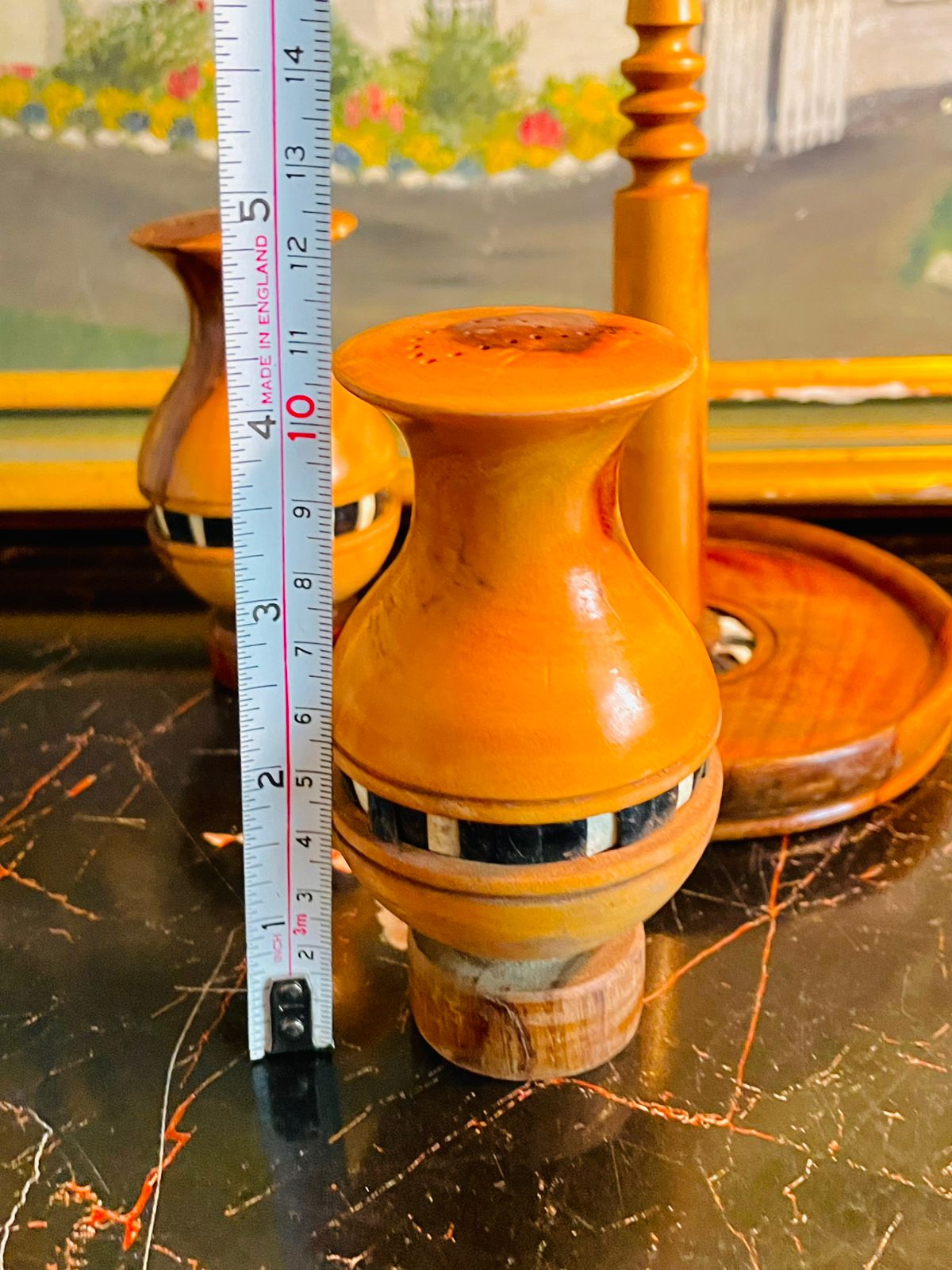 Vintage Wooden Condiment Set with Inlay – Salt, Pepper & Toothpick