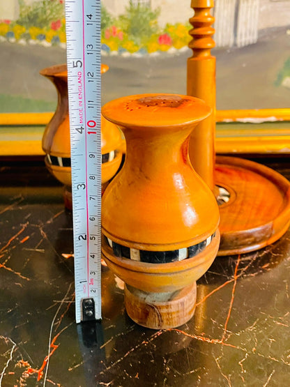 Vintage Wooden Condiment Set with Inlay – Salt, Pepper & Toothpick