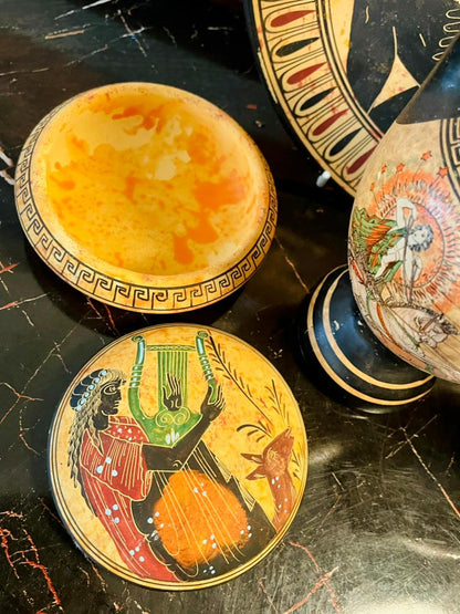 Set of 5 Greek Mythology Hand-Painted Pottery Set – Plate, Vases & Lidded trinket box, Home Decor