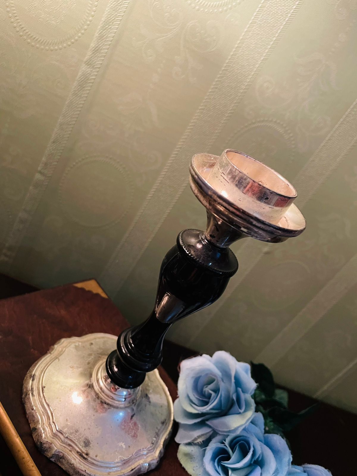 Vintage Silver Plate & Black Stem Candlestick Holder 7.5 Inch