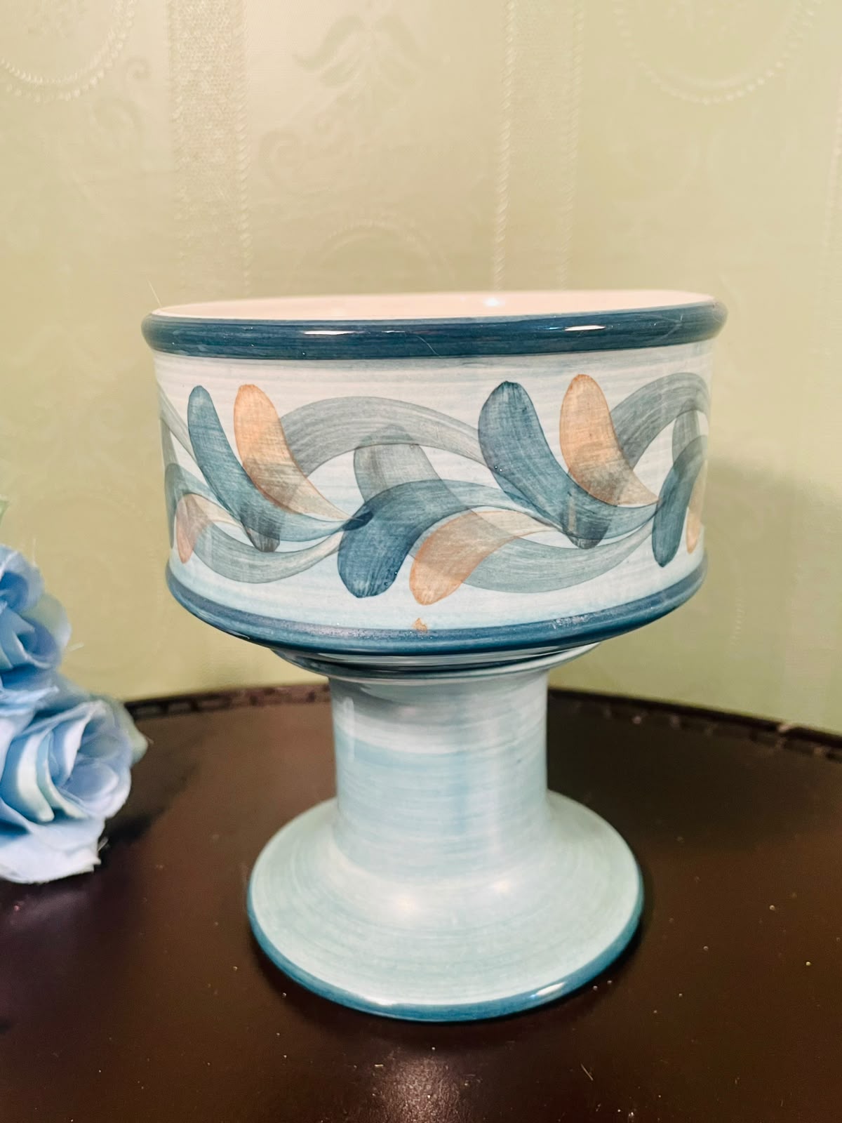 Vintage Blue Pedestal Ceramic Planter with Abstract Leaf Design – 6 Inch