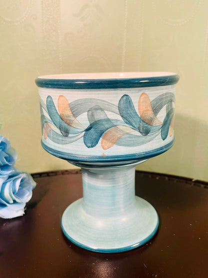 Vintage Blue Pedestal Ceramic Planter with Abstract Leaf Design – 6 Inch