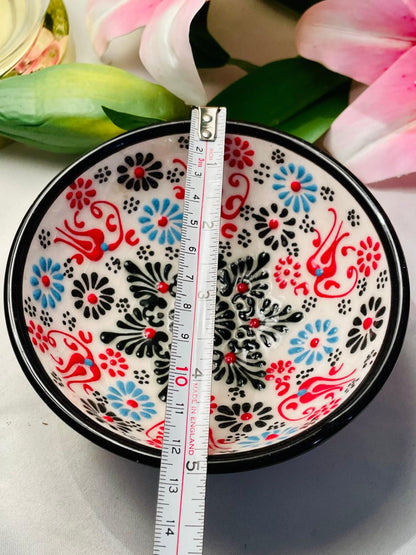 Hand-Painted Floral Ceramic Bowl – Red, Blue & Black Folk Art Design, Approx. 12 cm