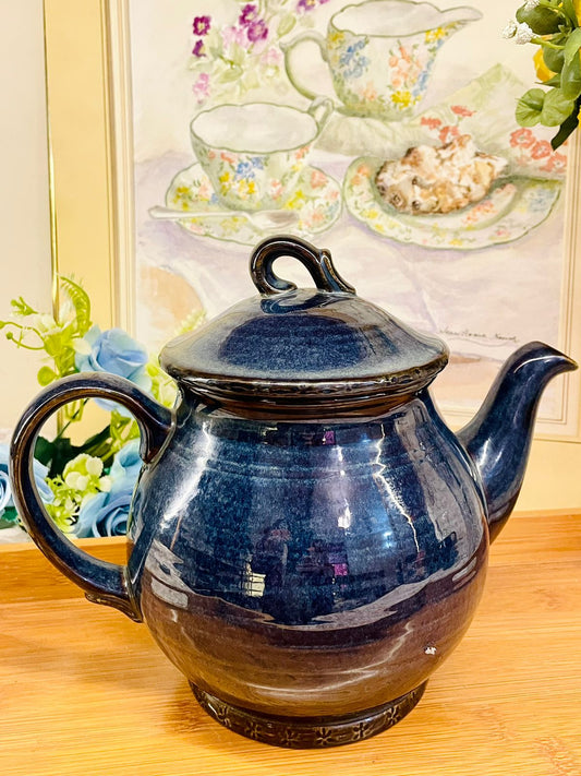 Vintage Blue Ceramic Teapot – Rustic Cottage Pottery