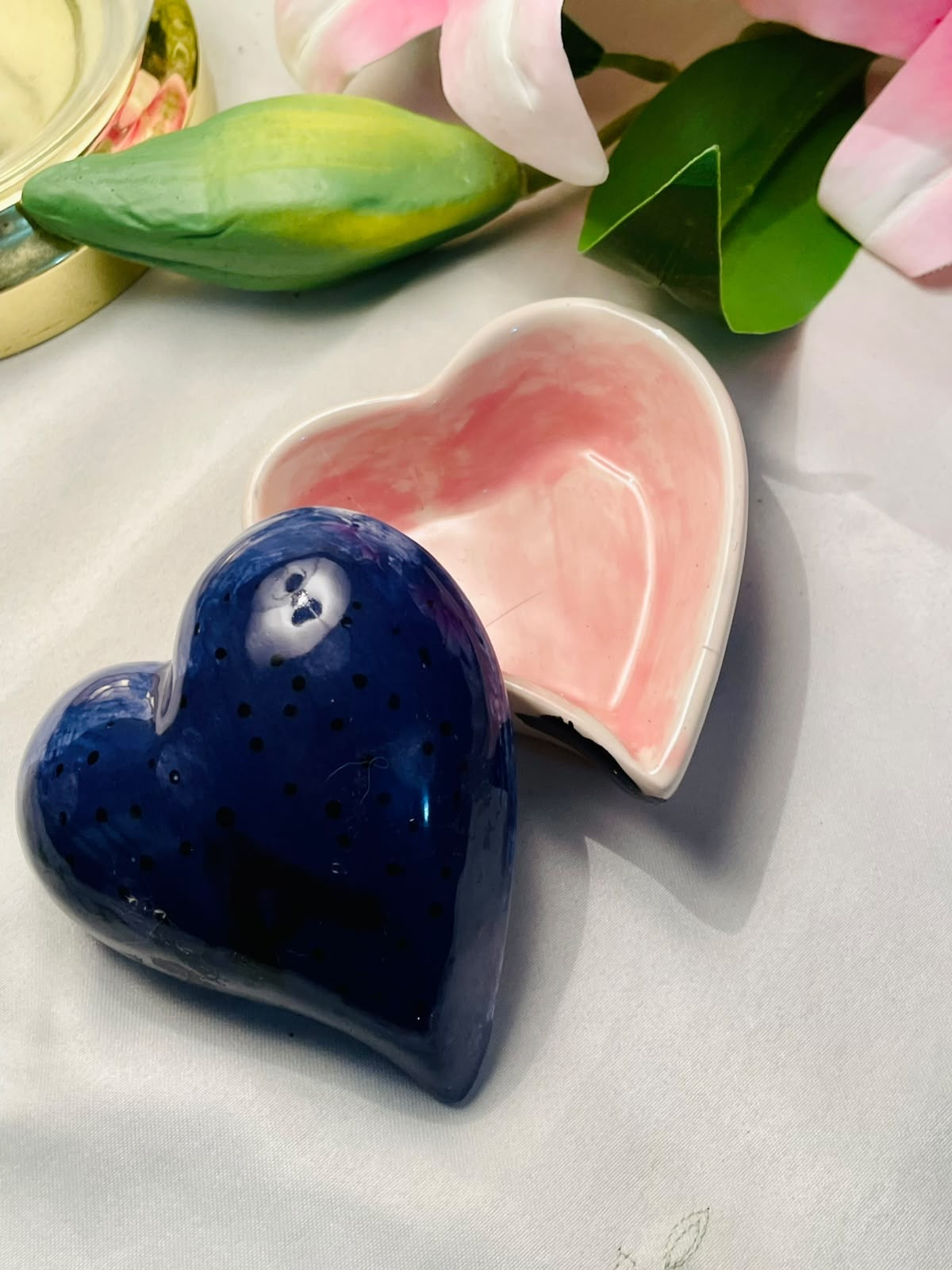Vintage Hand Painted Pink Heart Ceramic Dish with Blue Cover, Approx. 9 cm