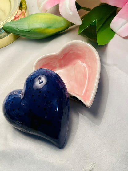 Vintage Hand Painted Pink Heart Ceramic Dish with Blue Cover, Approx. 9 cm
