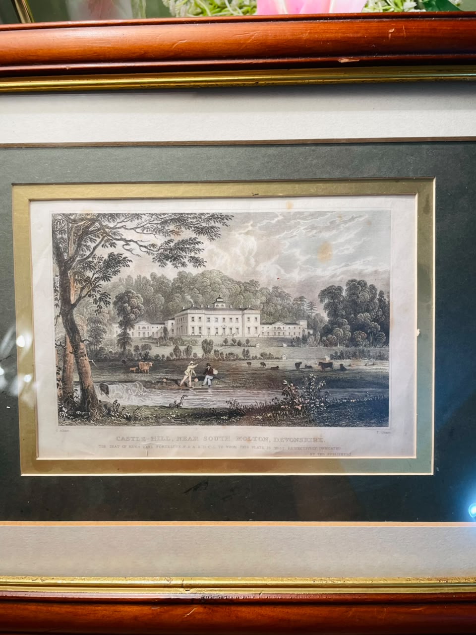 Countryside Cattle Framed Watercolor Painting Brown Frame Approx. 35 cm