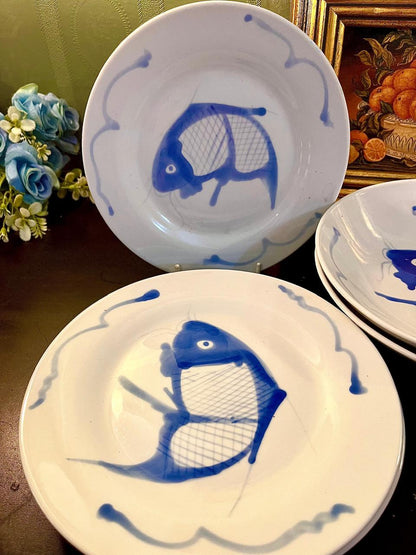 Vintage Blue Fish Porcelain , 4 medium plates ,2Pasta Bowl Set – 6 Pieces