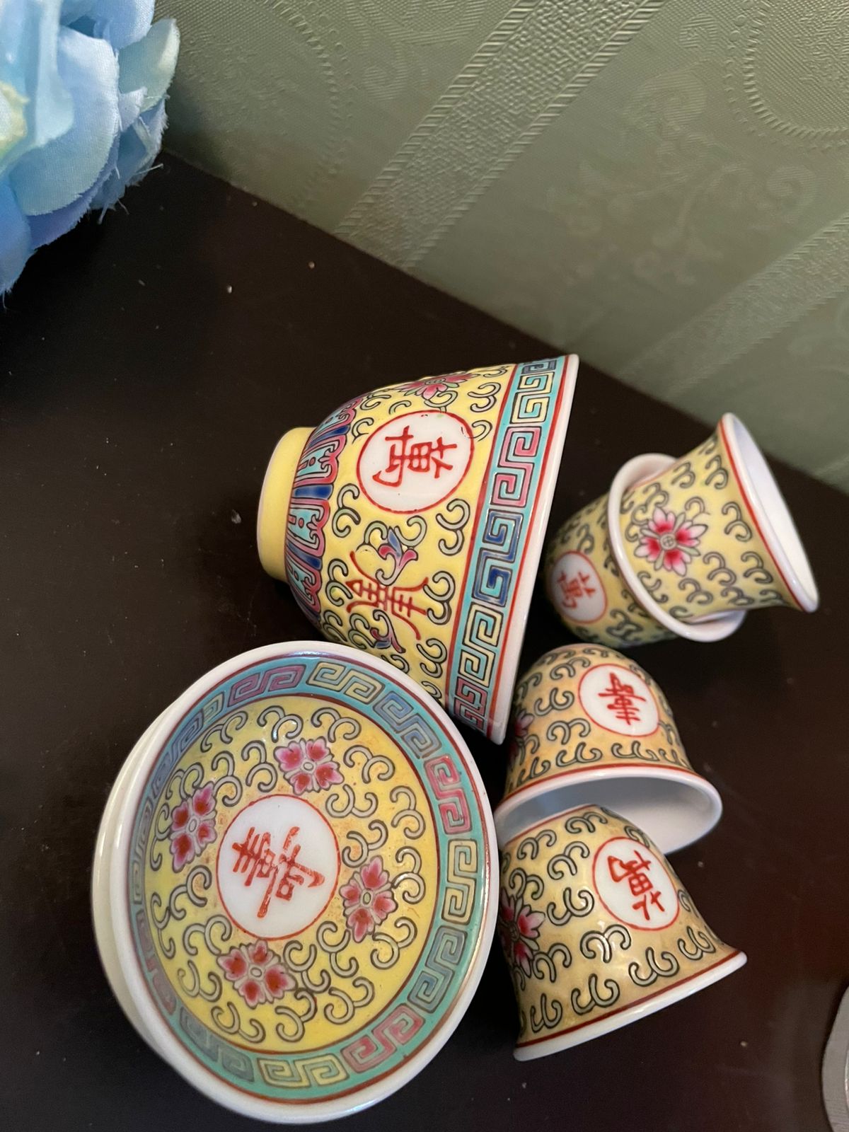 Vintage Chinese Porcelain Soju Cup Set with Saucer