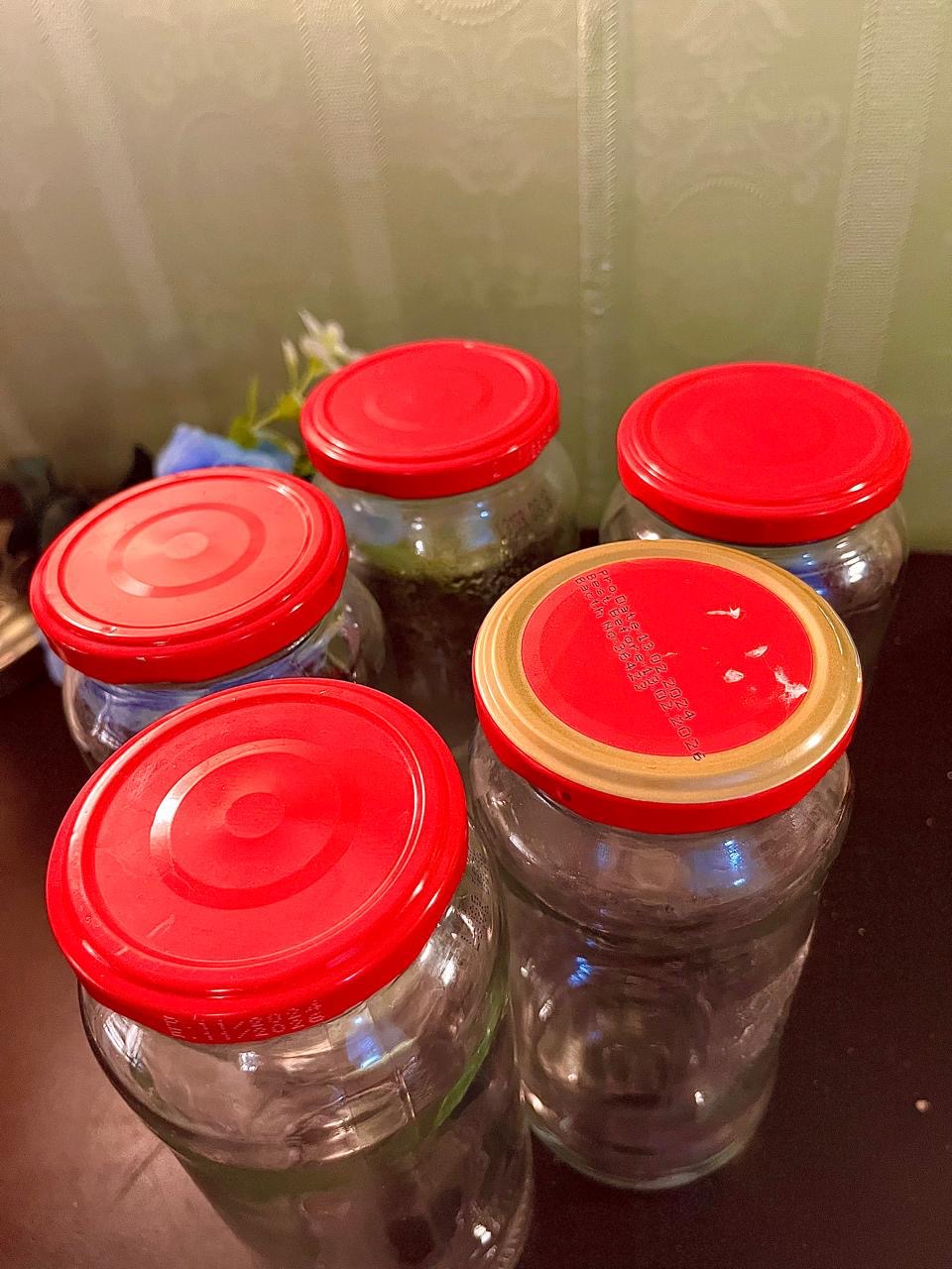 Set of 5 Glass Storage Jars with Red Lids