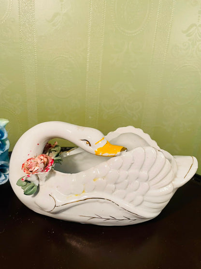 Vintage Swan Ceramic Planter with Floral Detail – 8 Inch