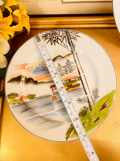 Set of 6 Vintage Japanese Landscape Cake Plate Set Hand Painted