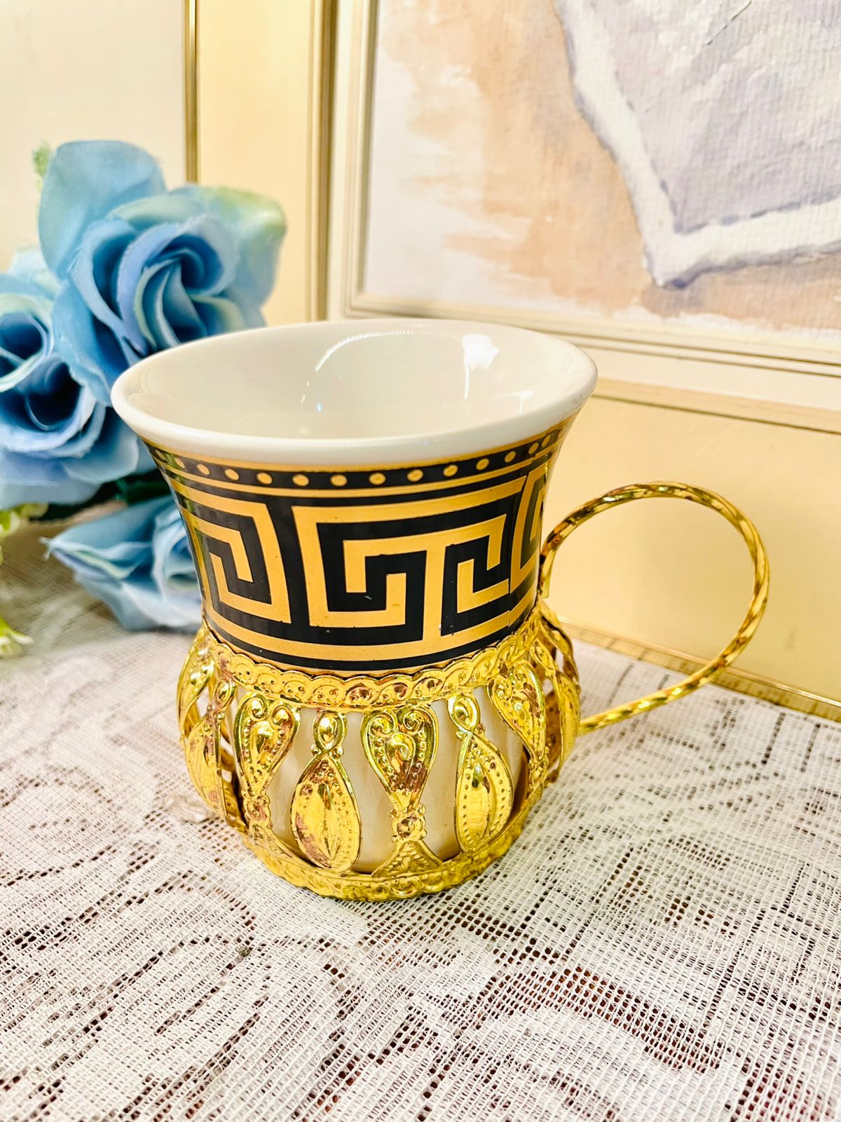 Vintage Greek Key Gold Mug – Luxury Porcelain Cup