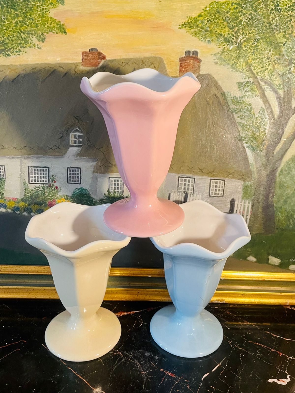 Set of 3 Pastel Flared Ice Cream Glass Ceramic – Blue, Yellow, Pink