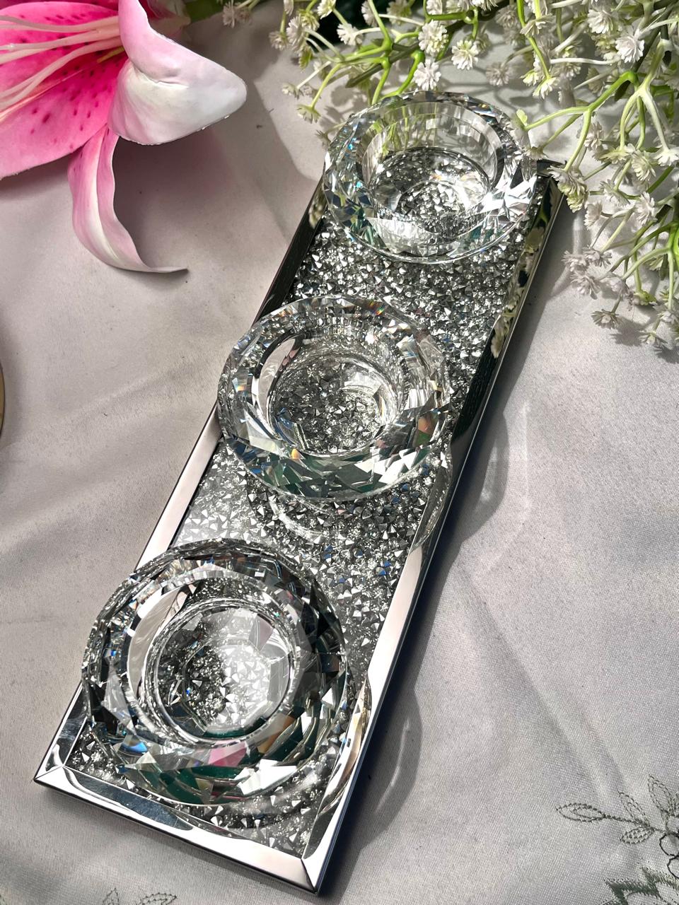 The Range Crushed Crystal Triple Tealight Holder 9.5 Inch