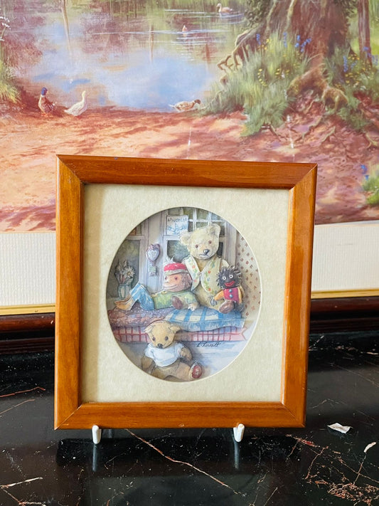 vintage living pictures england, teddy bear wall art, john ellam decoupage frame, england nursery decor, collectible 3d art frame, bronze age ltd 1994, english vintage wall decor, rare thrift finds, wooden frame teddy bear art, sunset kitchen vintage shop, nostalgic english decor, collectible framed art england