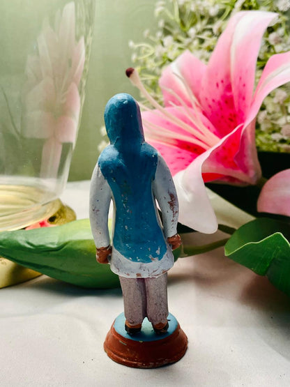 Hand-Painted Female Figurine in Blue Headscarf – Folk Art Miniature, Approx. 11 cm