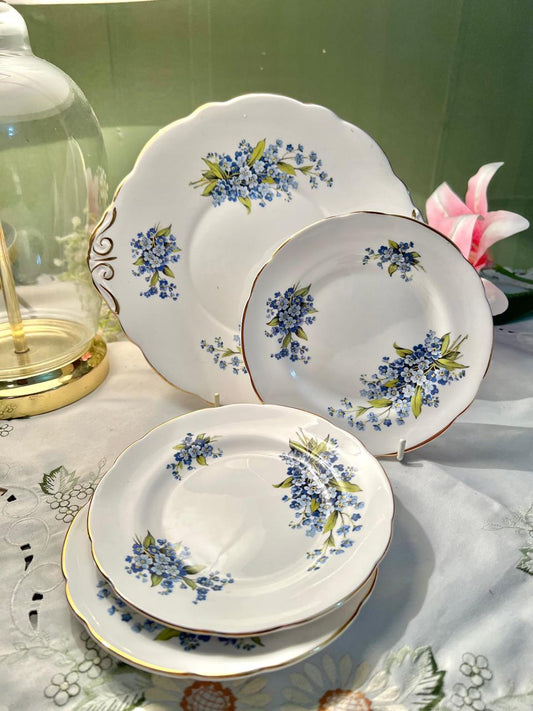Regency English Bone China Blue Floral 4-Piece Plate Set