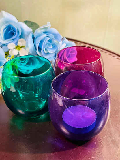 Vintage Coloured Crystal Tealight Candle Holders – Set of 3 (8cm)