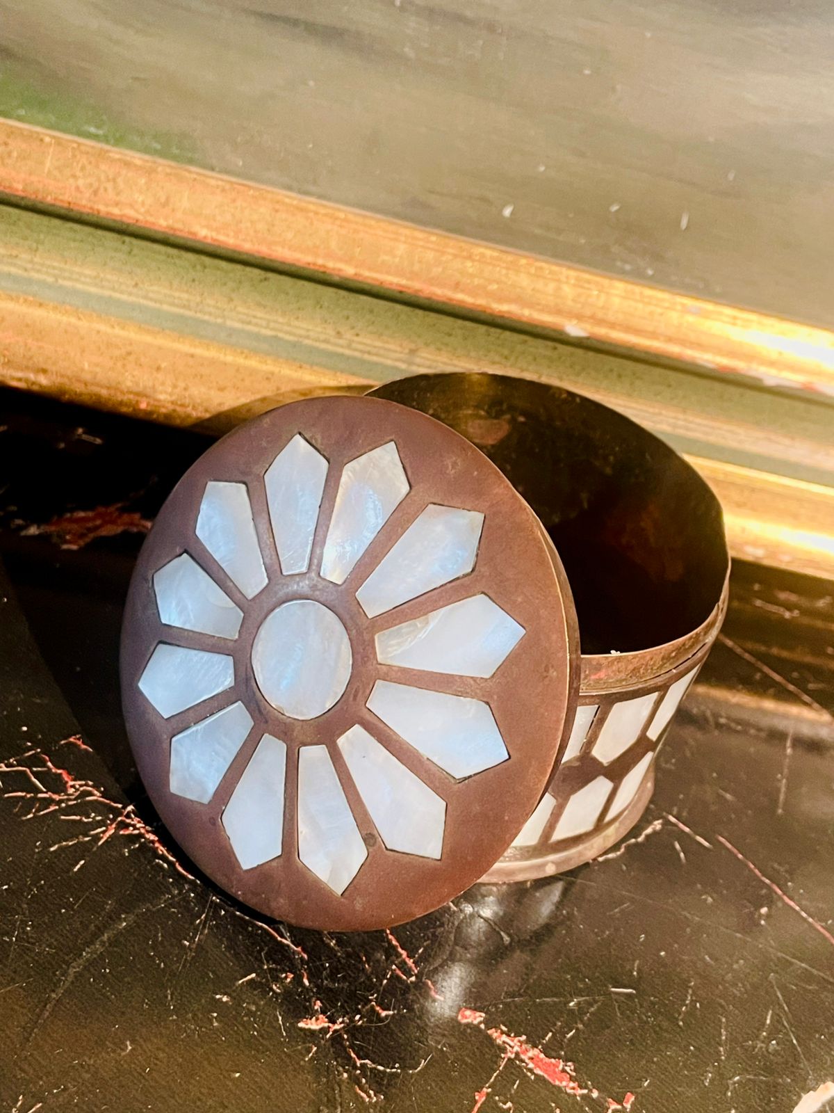 Vintage Brass & Mother of Pearl Inlay Trinket Box — Floral Mosaic Design