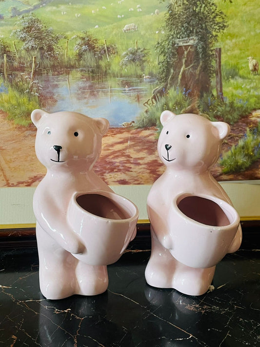 ceramic bear planter, pink teddy planter, cute ceramic pot, nordic home decor, pastel bear decor, succulent holder, home decoration pakistan, nursery decor, rare thrift finds, aesthetic home accessories, curated vintage collection, gift for her, tabletop decor, ceramic collection, sunset kitchen vintage decor