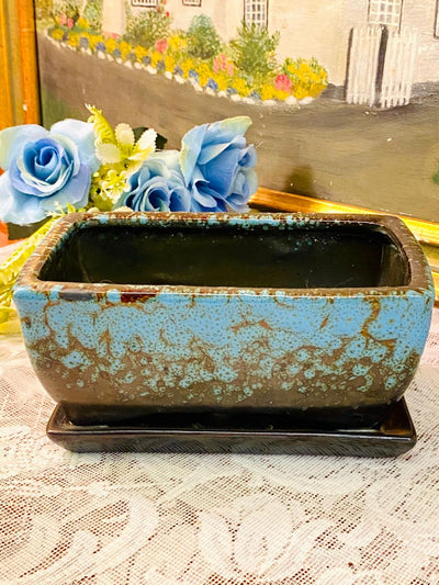 Blue & Brown Ceramic Planter with Tray – Cottage-Core Decor