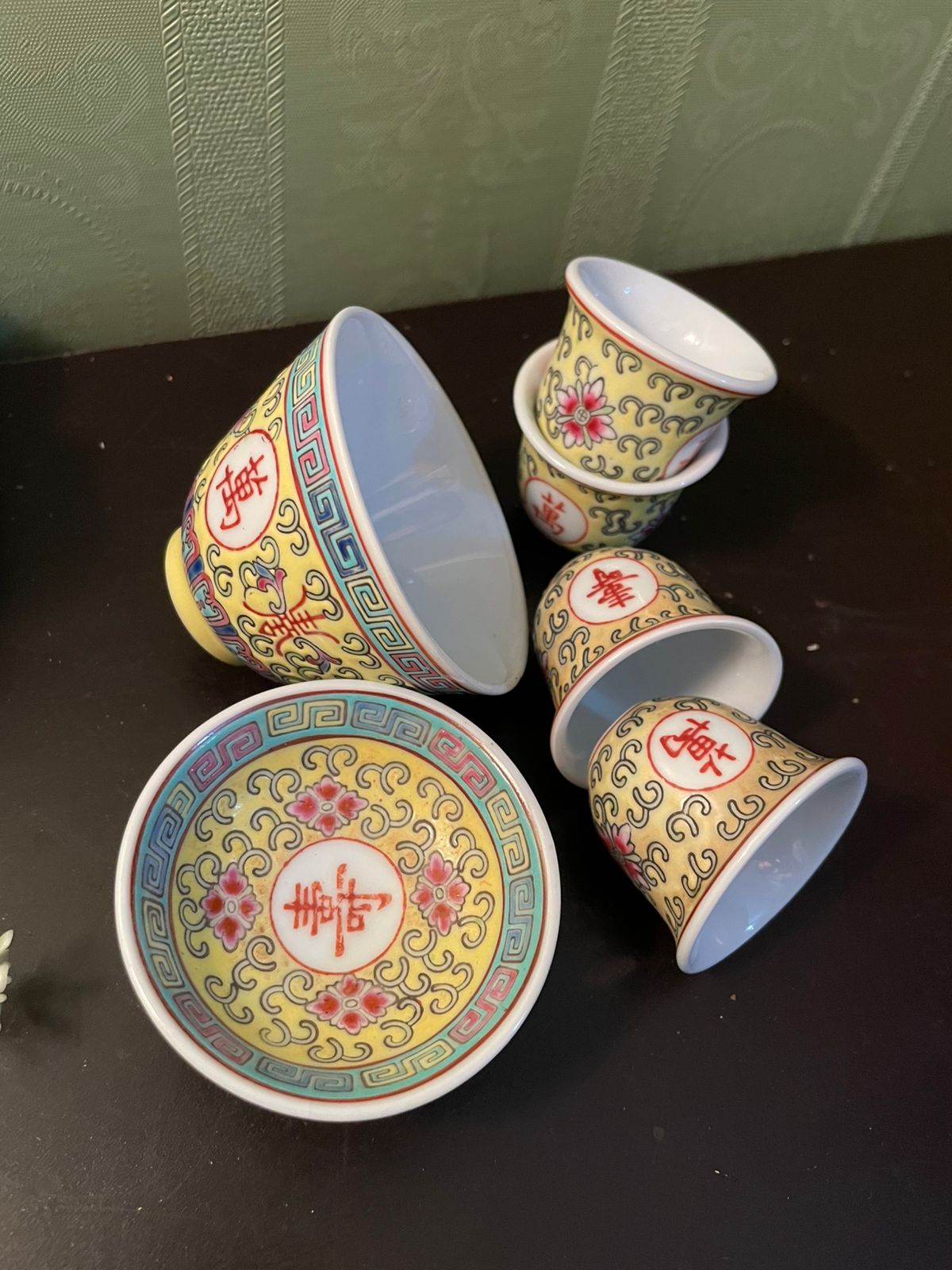 Vintage Chinese Porcelain Soju Cup Set with Saucer