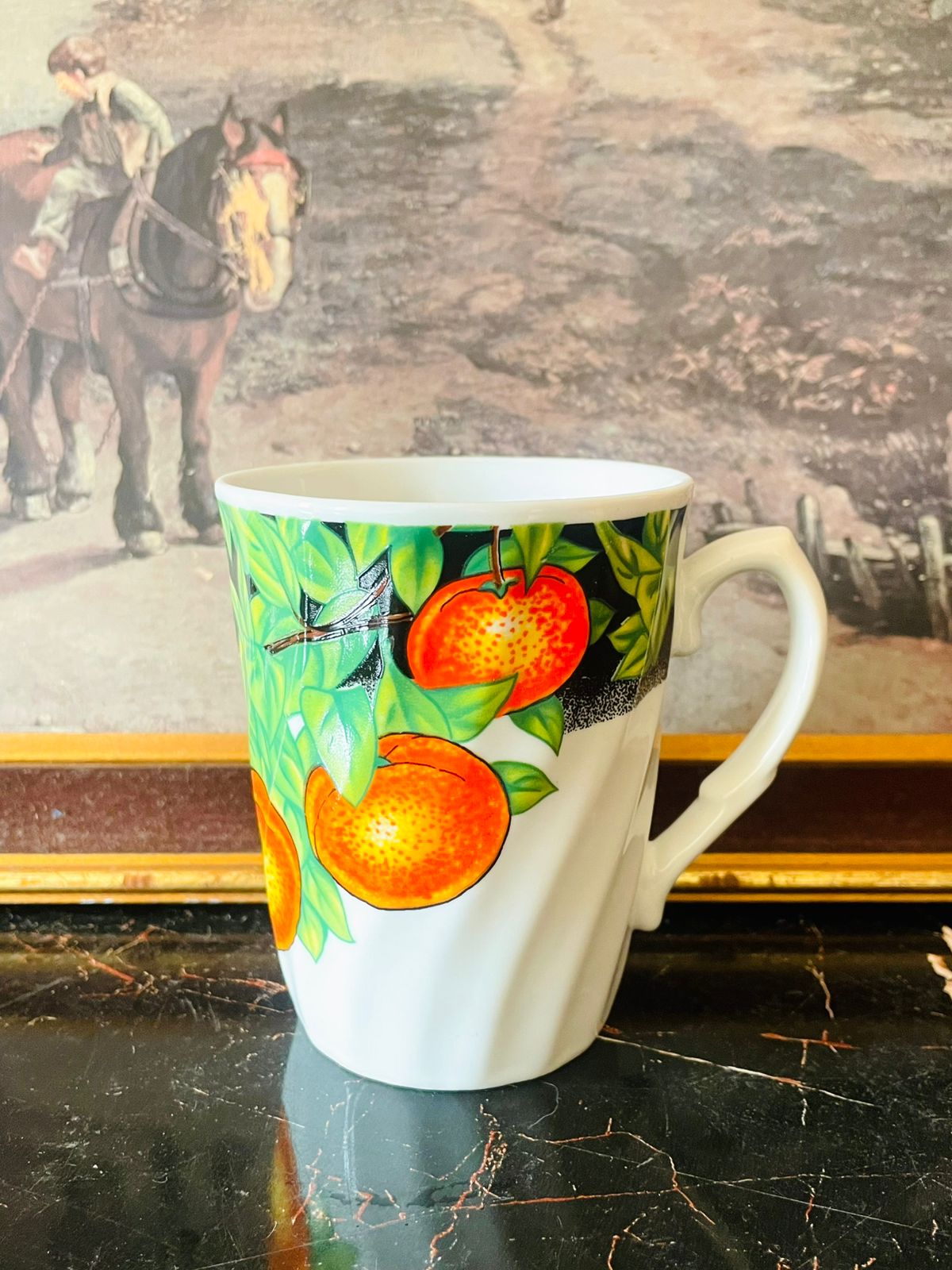 psl porcelain mug, orange fruit mug, citrus tea mug, vintage kitchen mug, colorful porcelain mug, fruit design crockery, bright ceramic cup, kitchen decor pakistan, orange grove mug, porcelain tea cup, fine porcelain mug, psl crockery, oven safe mug, coffee mug pakistan, sunset kitchen mugs
