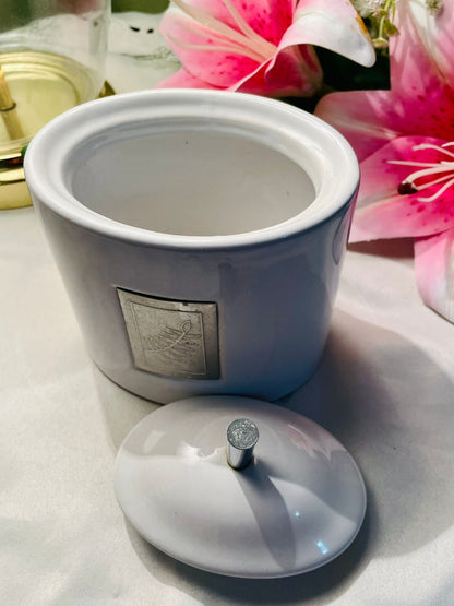 White Ceramic Lidded Storage Canister with Decorative Plaque