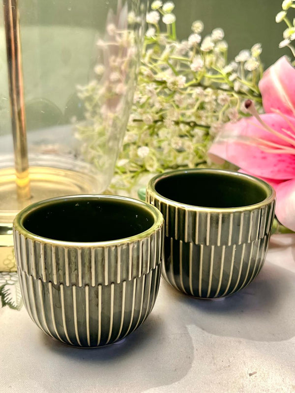 Vintage Green Ribbed Ceramic Planters Set of 2 8 cm