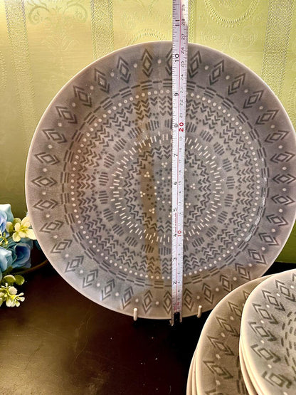 Modern Gray Geometric Dinnerware Set – 9 Piece Ceramic Plate Set with Mandala Pattern