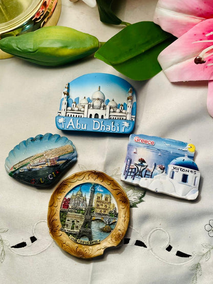 Fridge Magnet 4-Piece Travel Souvenir Set Abu Dhabi Greece Paris & Vigo