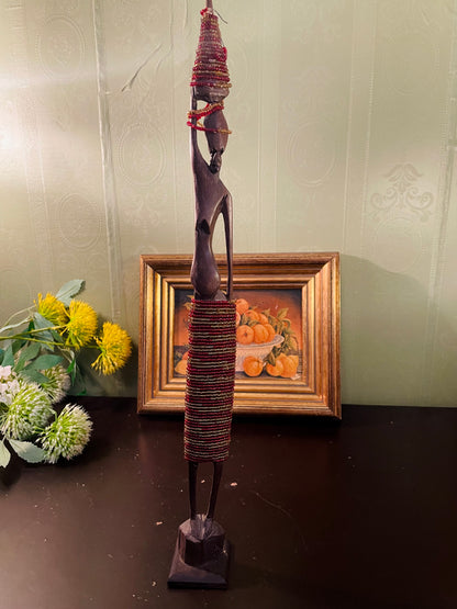 Vintage Beaded Wooden Woman Figurine – 39 cm