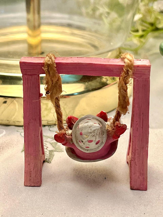 Vintage Gnome on Pink Swing Miniature Decor 6 cm