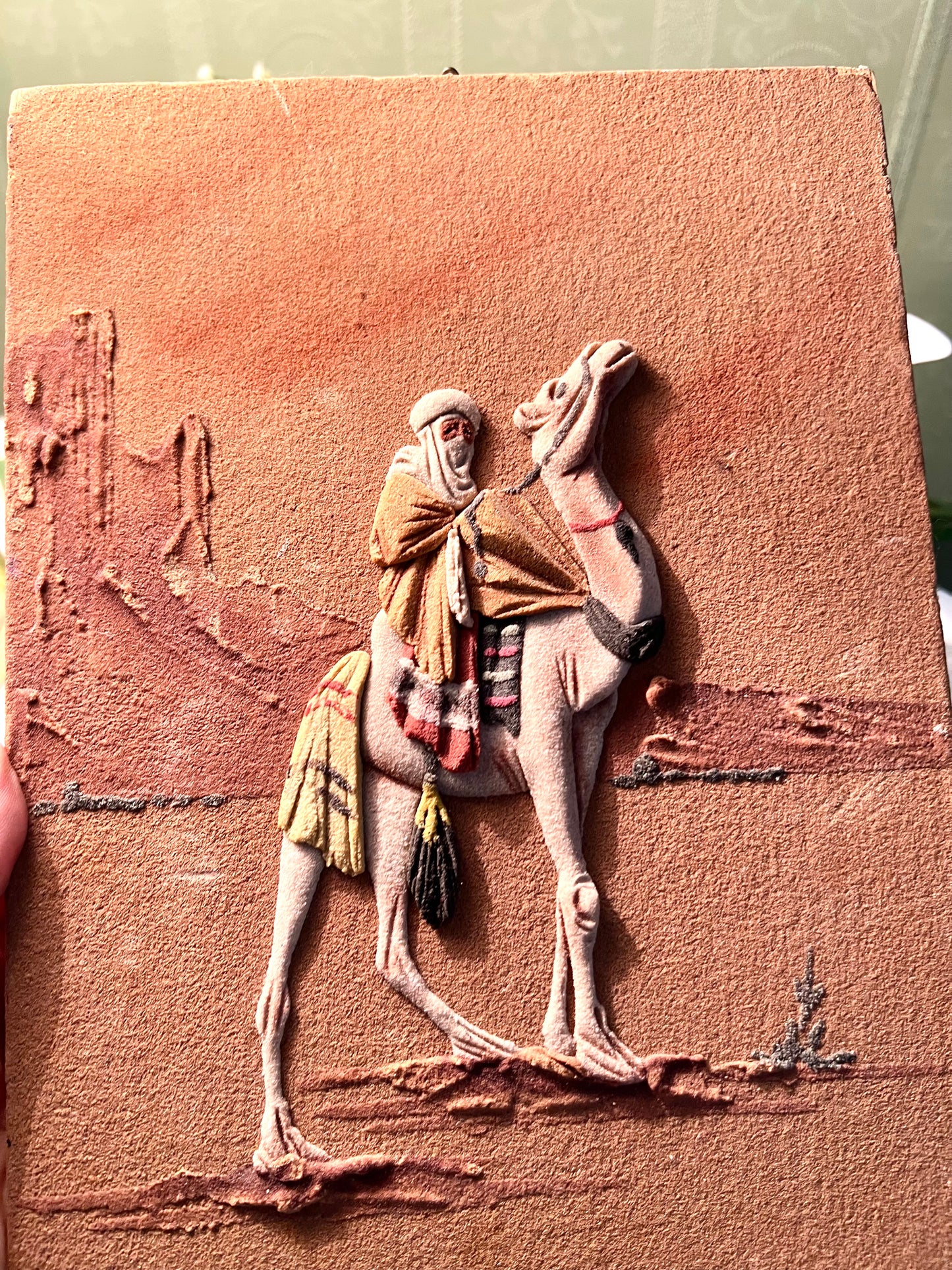 Vintage handmade sand relief painting 3d Camel Rider Desert Relief Wall Plaque 30cm
