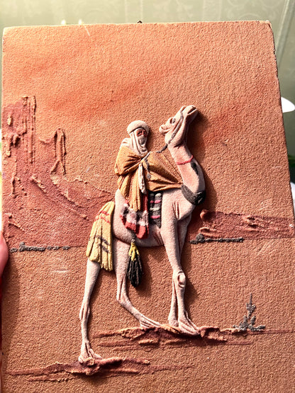 Vintage handmade sand relief painting 3d Camel Rider Desert Relief Wall Plaque 30cm