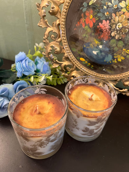 Set of 2 Botanical Glass Scented Candles / Leaf Print Candle Holders