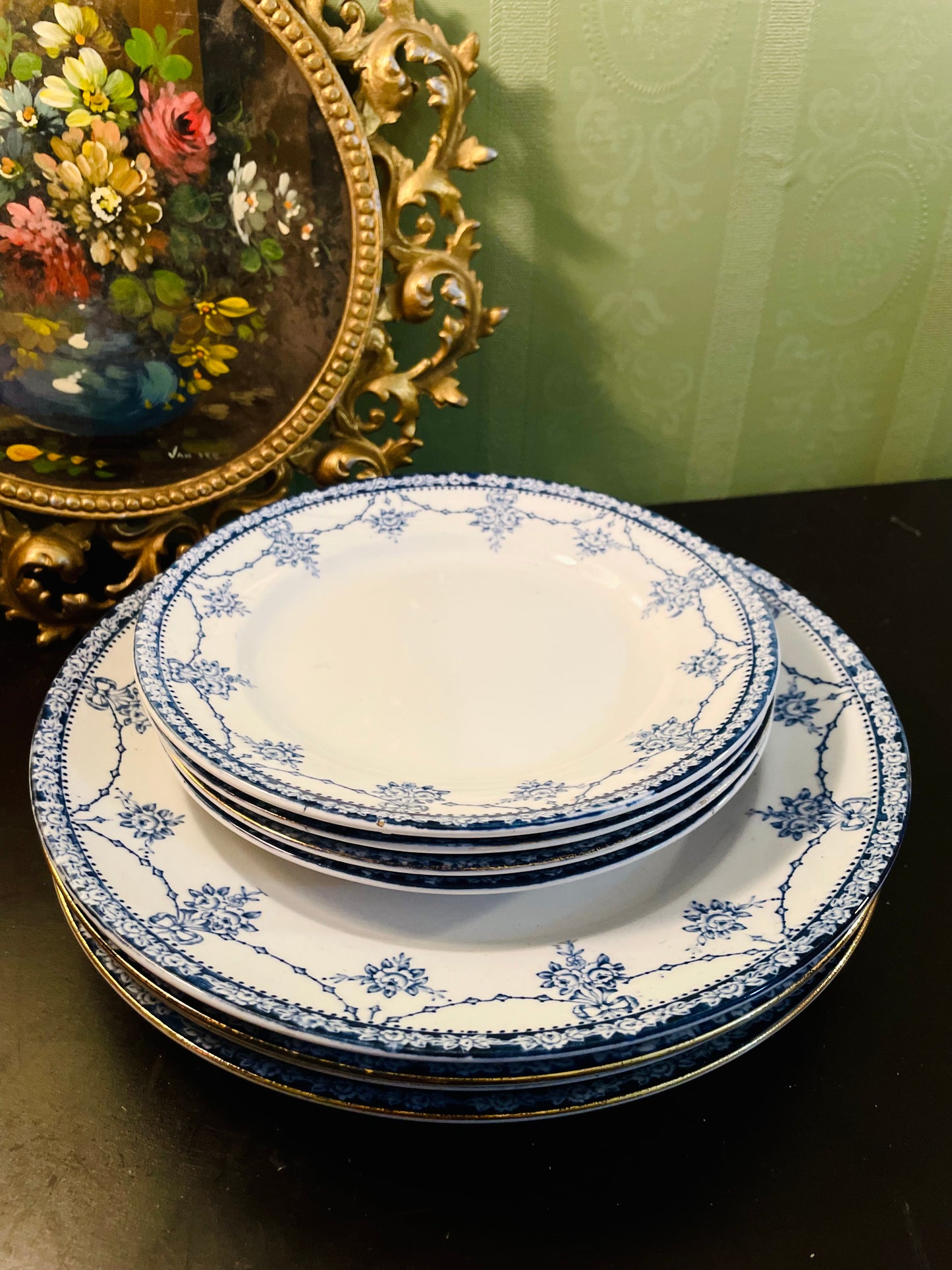 Vintage French Bone China Dinner Set Gold Rim Blue Floral – Set of 8