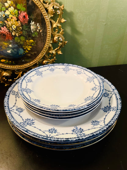 Vintage French Bone China Dinner Set Gold Rim Blue Floral – Set of 8