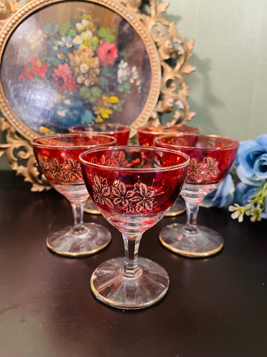 Vintage Ruby Red & Gold Floral Cocktail Glasses – Set of 5