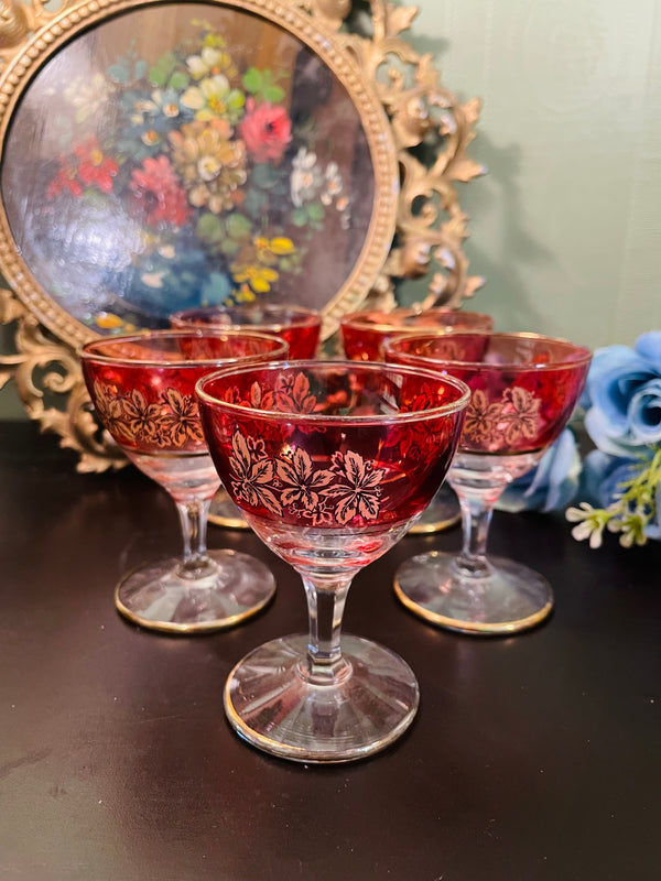 Vintage Ruby Red & Gold Floral Cocktail Glasses – Set of 5