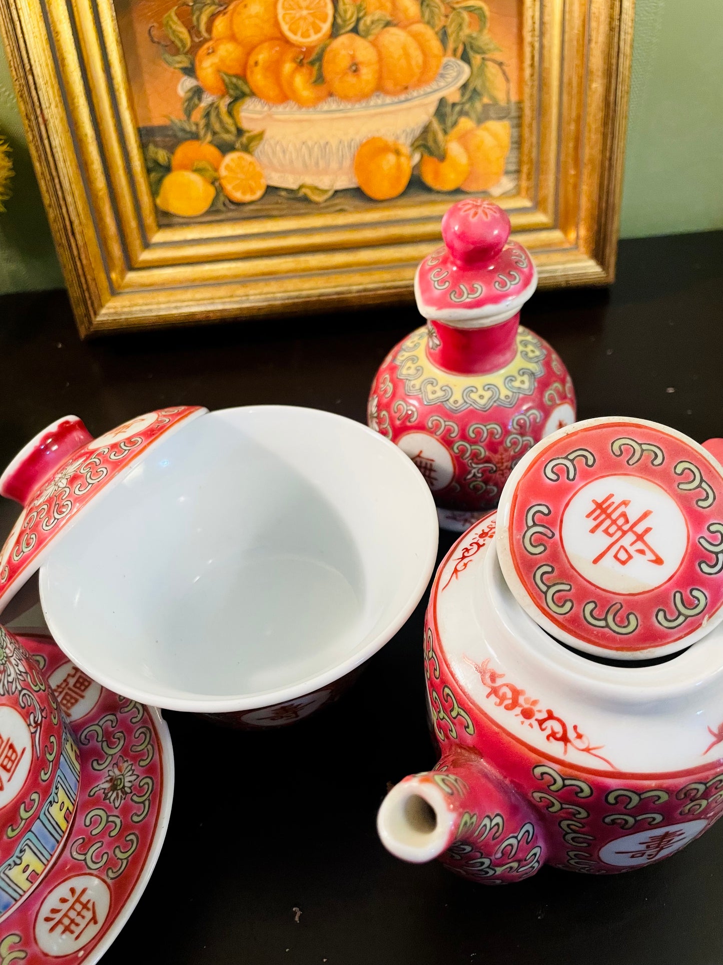 Vintage Chinese Pink Longevity Porcelain Tea Set – 5 Pieces