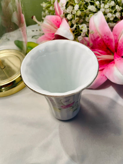 Vintage White Ceramic Sculptural Vase Pink Accent 15 cm