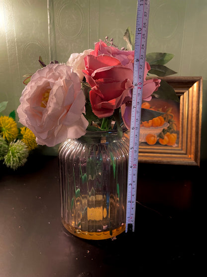 Artificial Pink Rose Arrangement in Ribbed Glass Vase 10 Inch