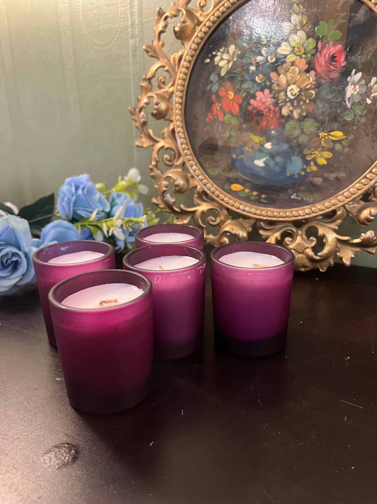 Set of 5 Purple Glass Votive Candles / Mini Scented Candle Holders