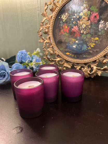 Set of 5 Purple Glass Votive Candles / Mini Scented Candle Holders