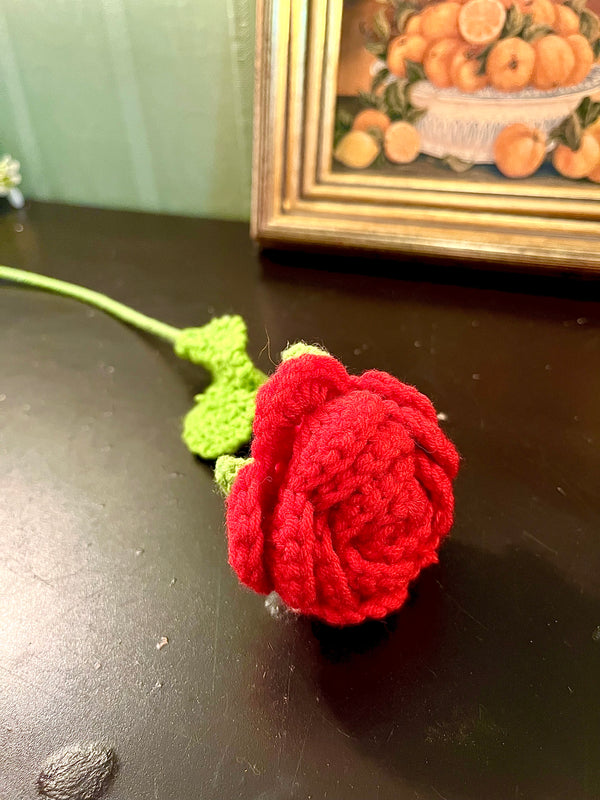 Handmade Crochet Red Rose Stem – 17 Inch Floral Decor