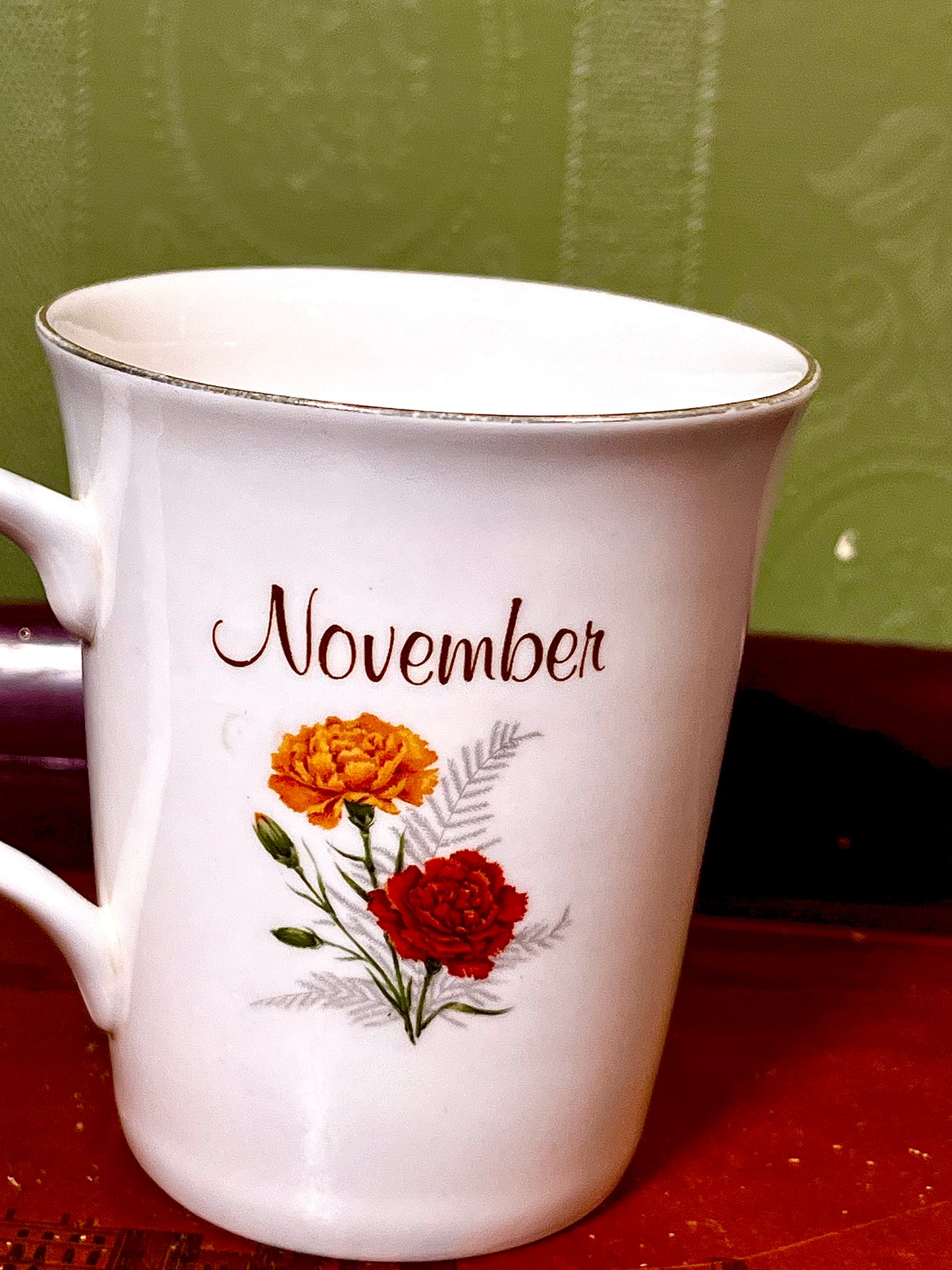 November Birth Flower Carnation Mug Red Orange Floral Fine bone china